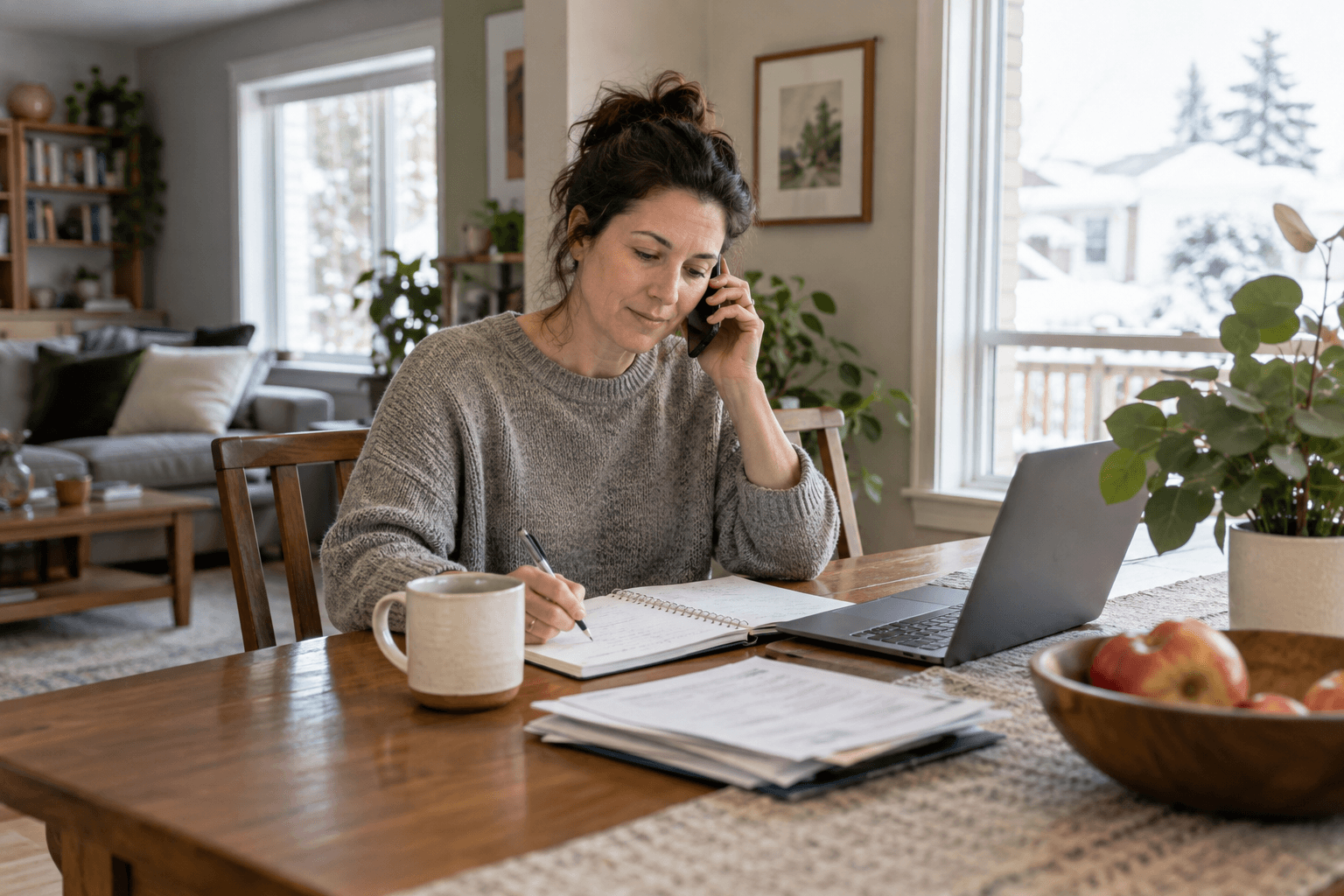 A homeowner speaking by phone with a prospective agent while taking notes