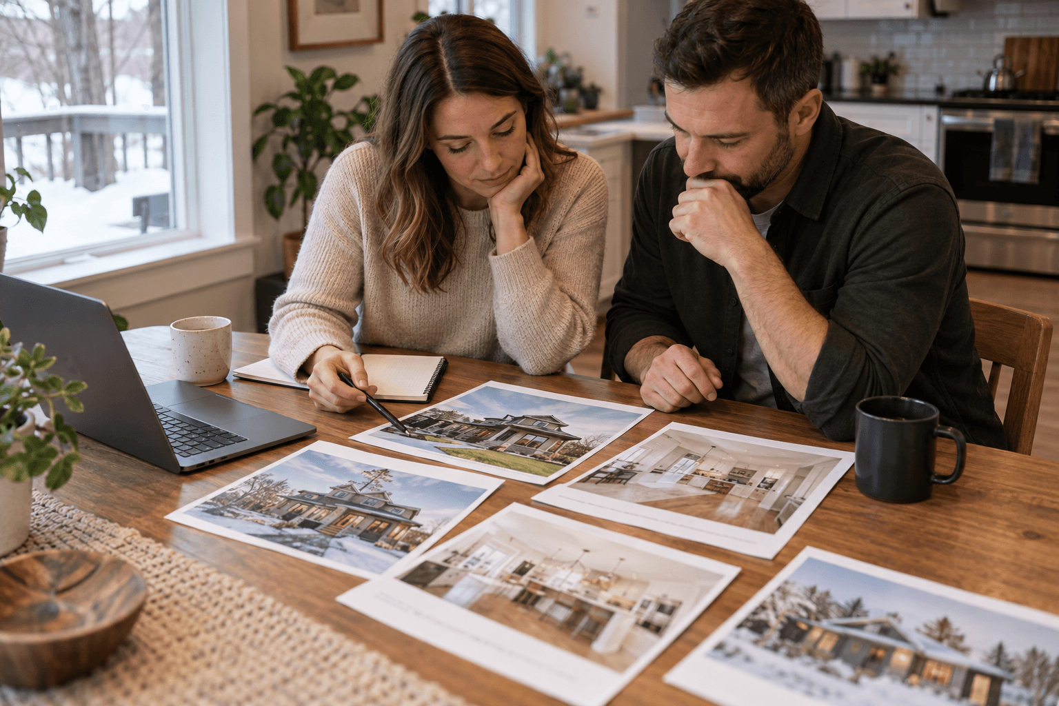 Two people comparing property proposals and photographs on a table