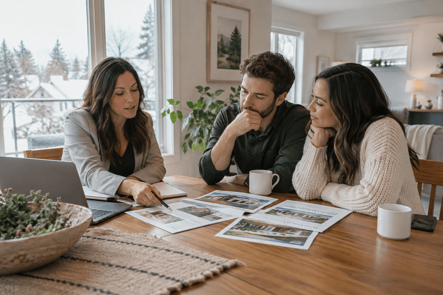 A real estate professional discussing property information with two clients