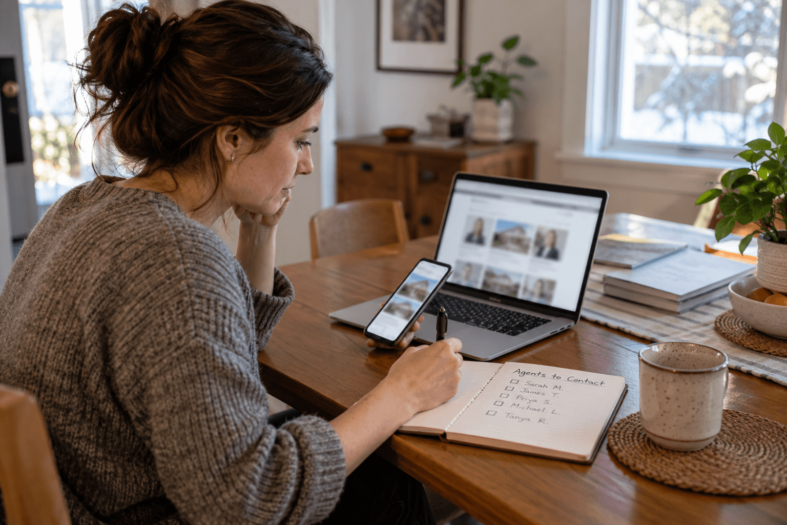 A person researching real estate agents at a kitchen table