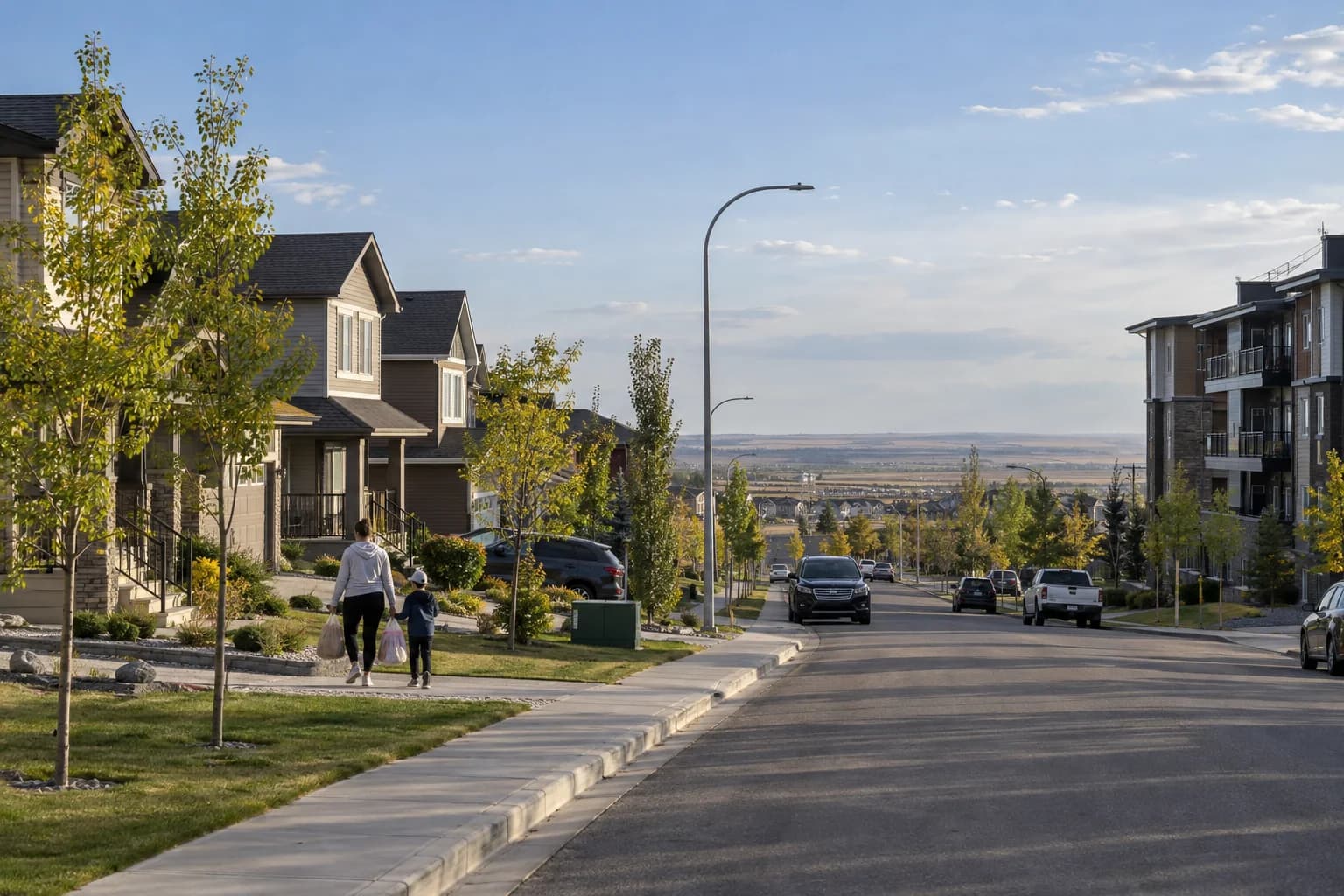 Detached homes and rental apartments overlooking an Alberta prairie landscape