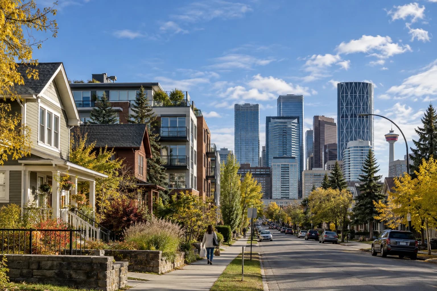 Modest homes and apartments with downtown towers beyond in a Calgary-inspired neighbourhood