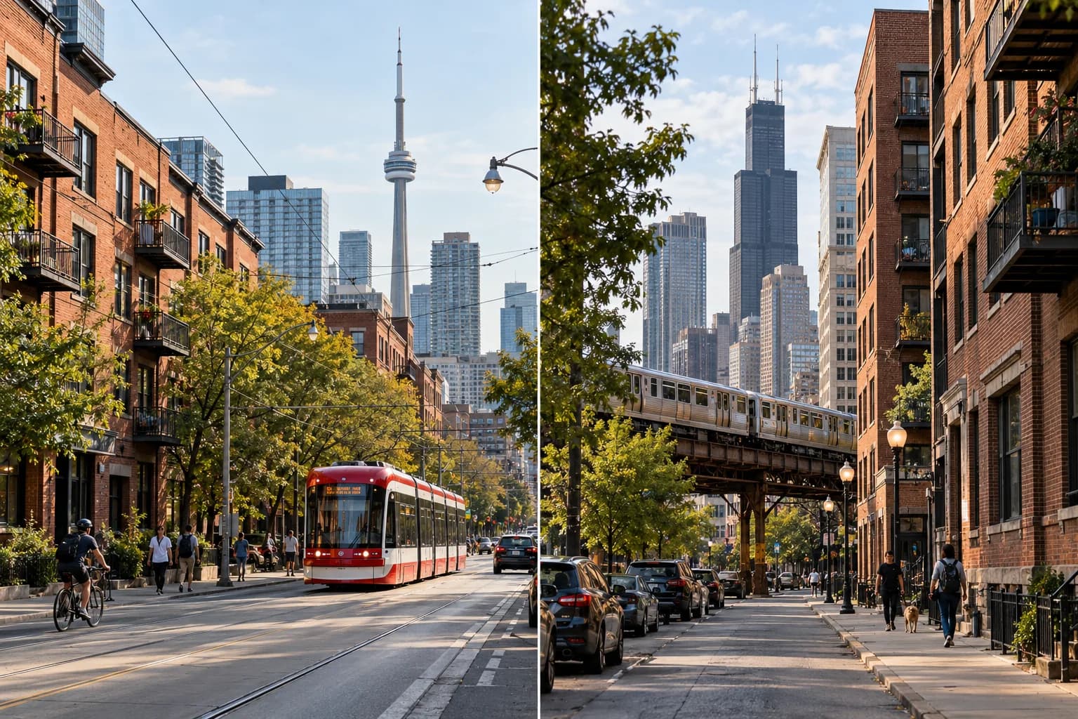 Paired Toronto-inspired and Chicago-inspired streets with apartments, a streetcar and elevated transit
