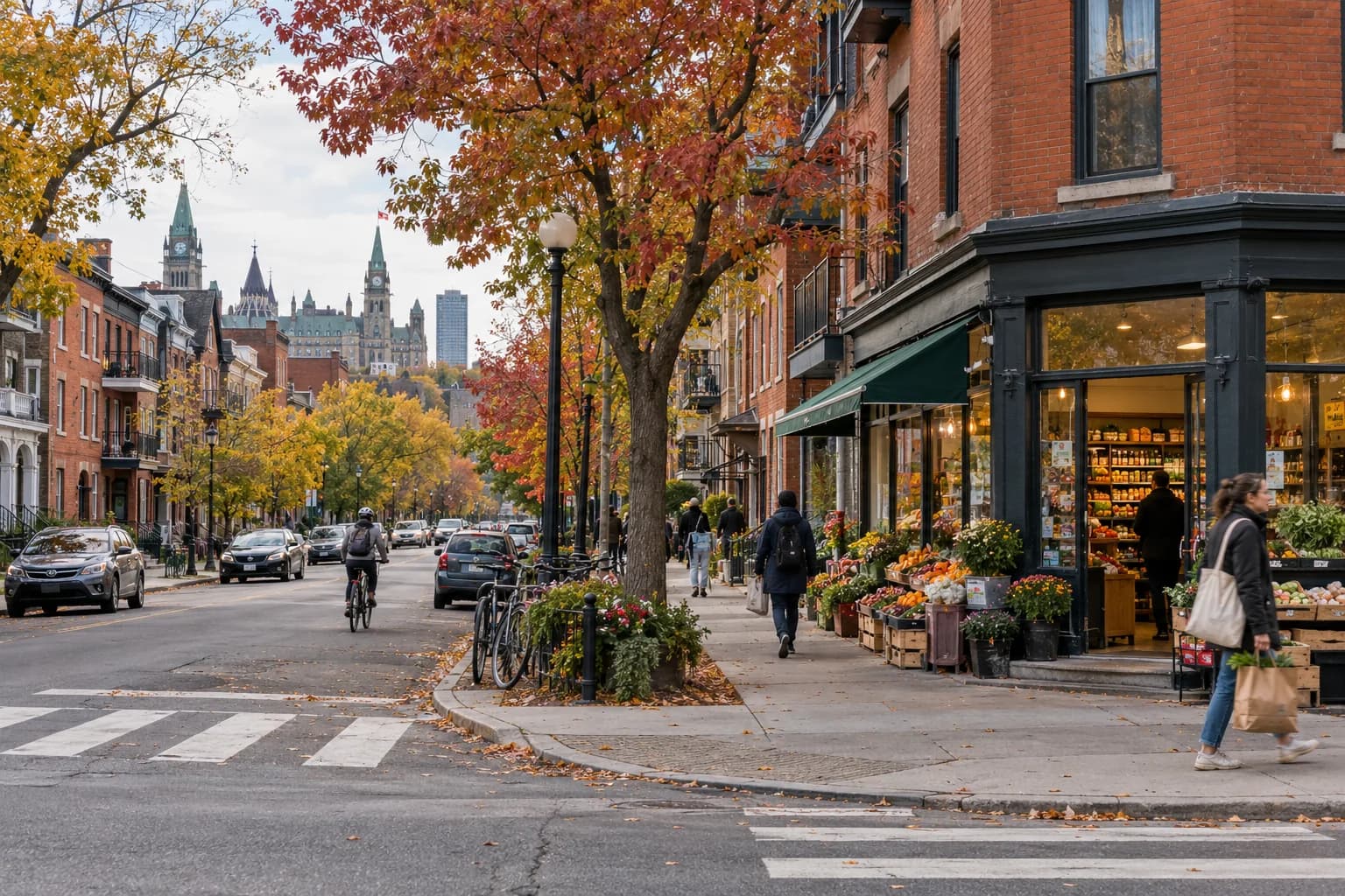 Brick homes, apartments and a corner grocery on an autumn street inspired by Ottawa