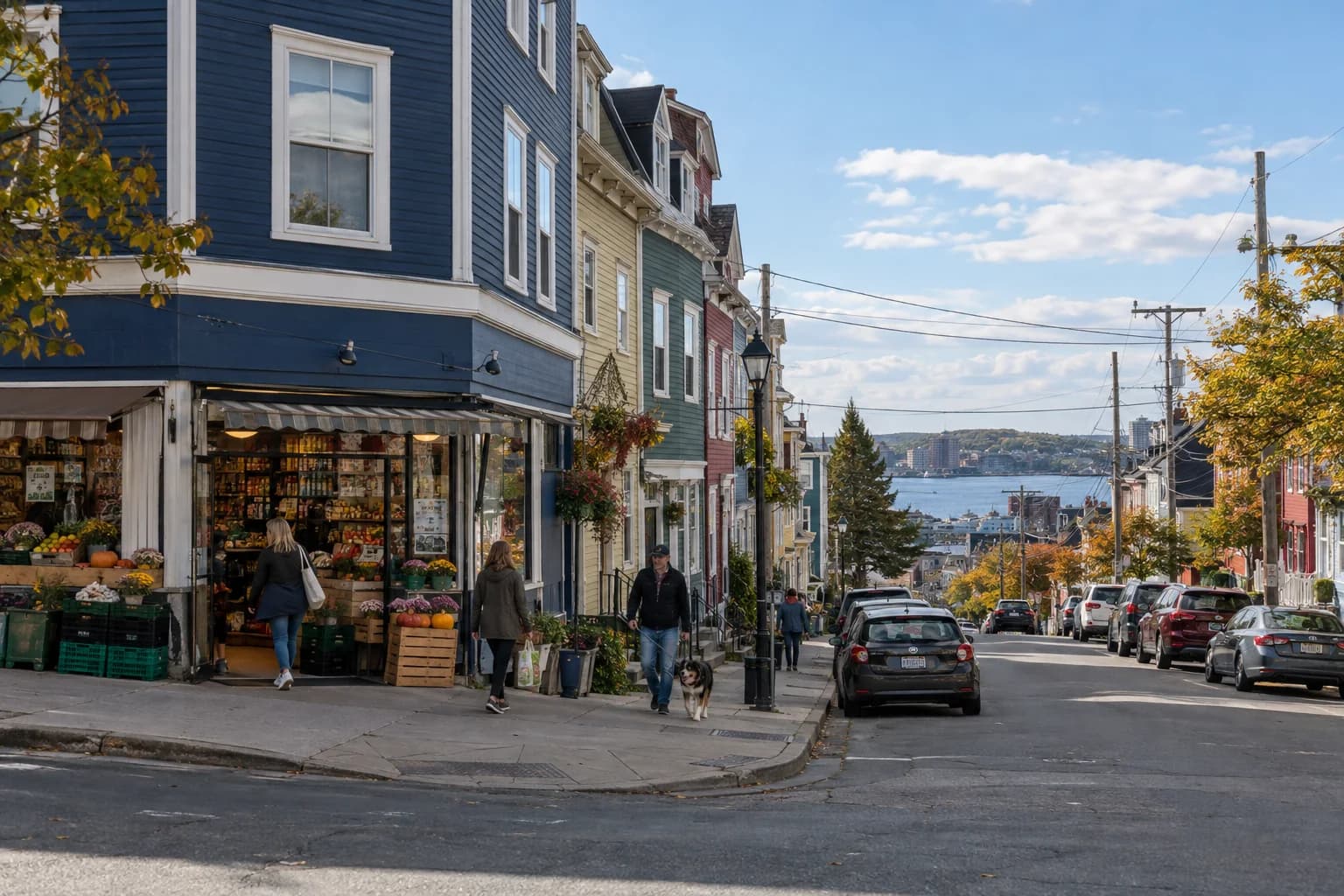 Colourful wood-sided row houses and a corner grocery on a Halifax-inspired street