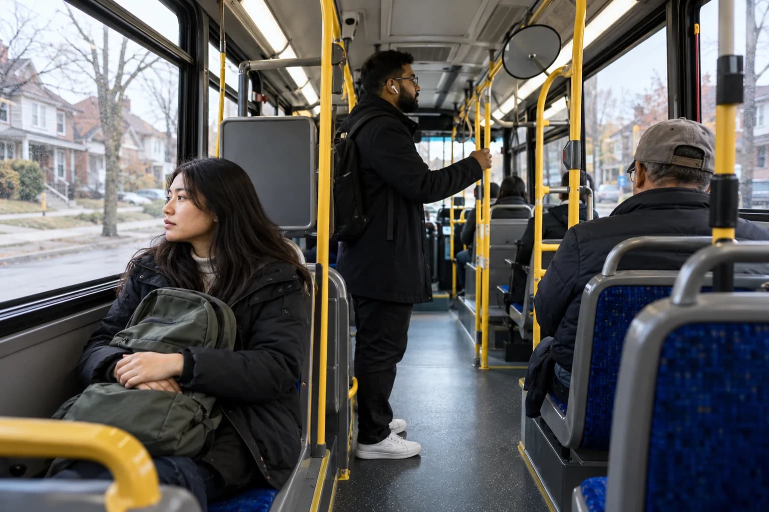 Passengers travelling on a city bus with backpacks and everyday work clothes
