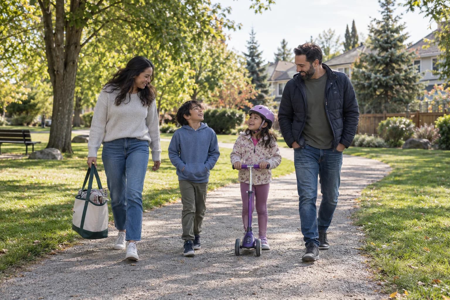 A family walking through a neighbourhood park with a scooter and picnic bag