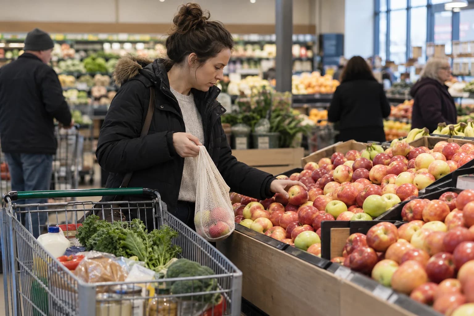 A shopper selecting apples into a reusable bag in a supermarket produce aisle