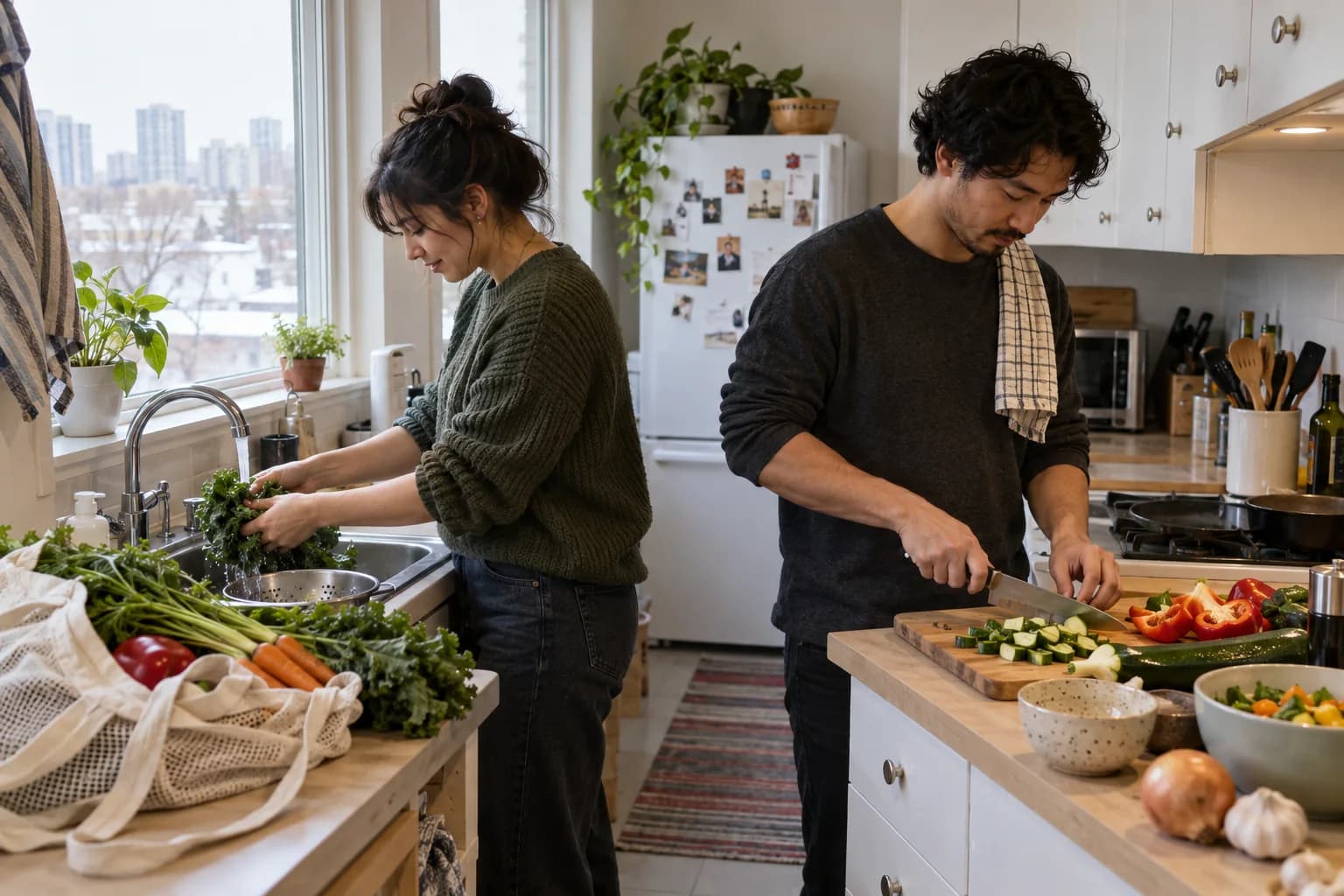 A couple unpacking groceries and preparing dinner in a compact rental kitchen