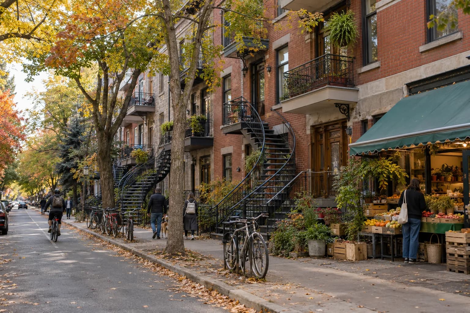 Brick triplexes, exterior staircases and a neighbourhood market on a Montreal-inspired street