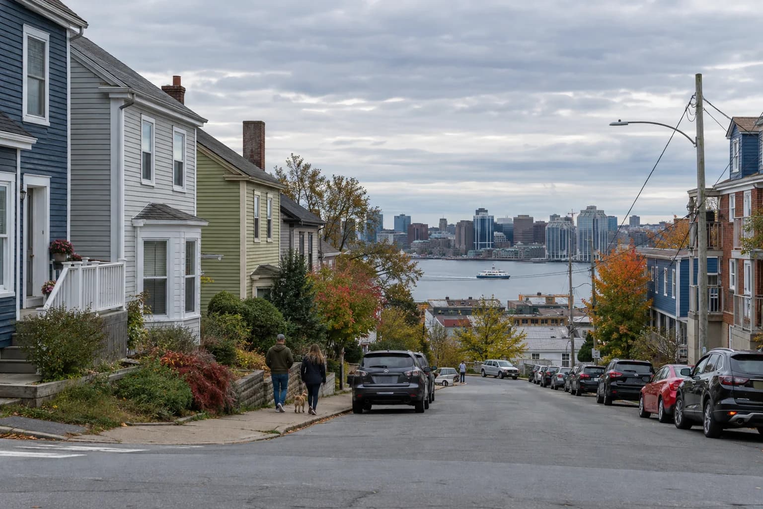 Wood-sided homes on a sloping Dartmouth-inspired street overlooking Halifax harbour