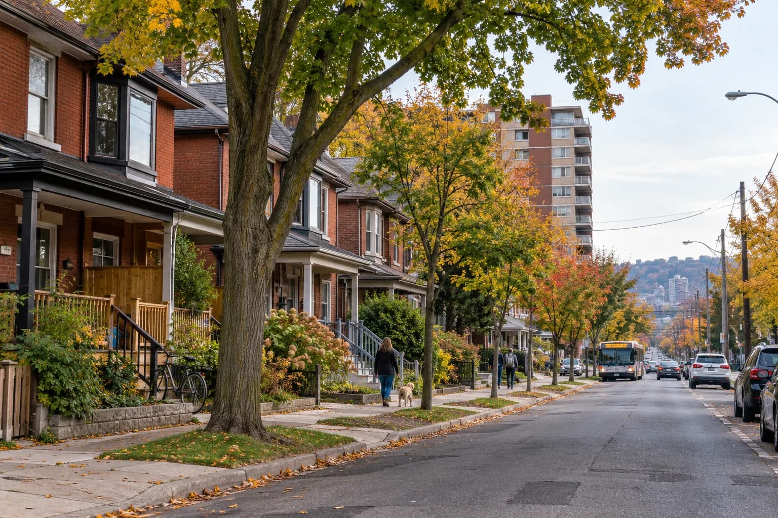 Brick homes, porches and mature maples on a Hamilton-inspired Ontario street