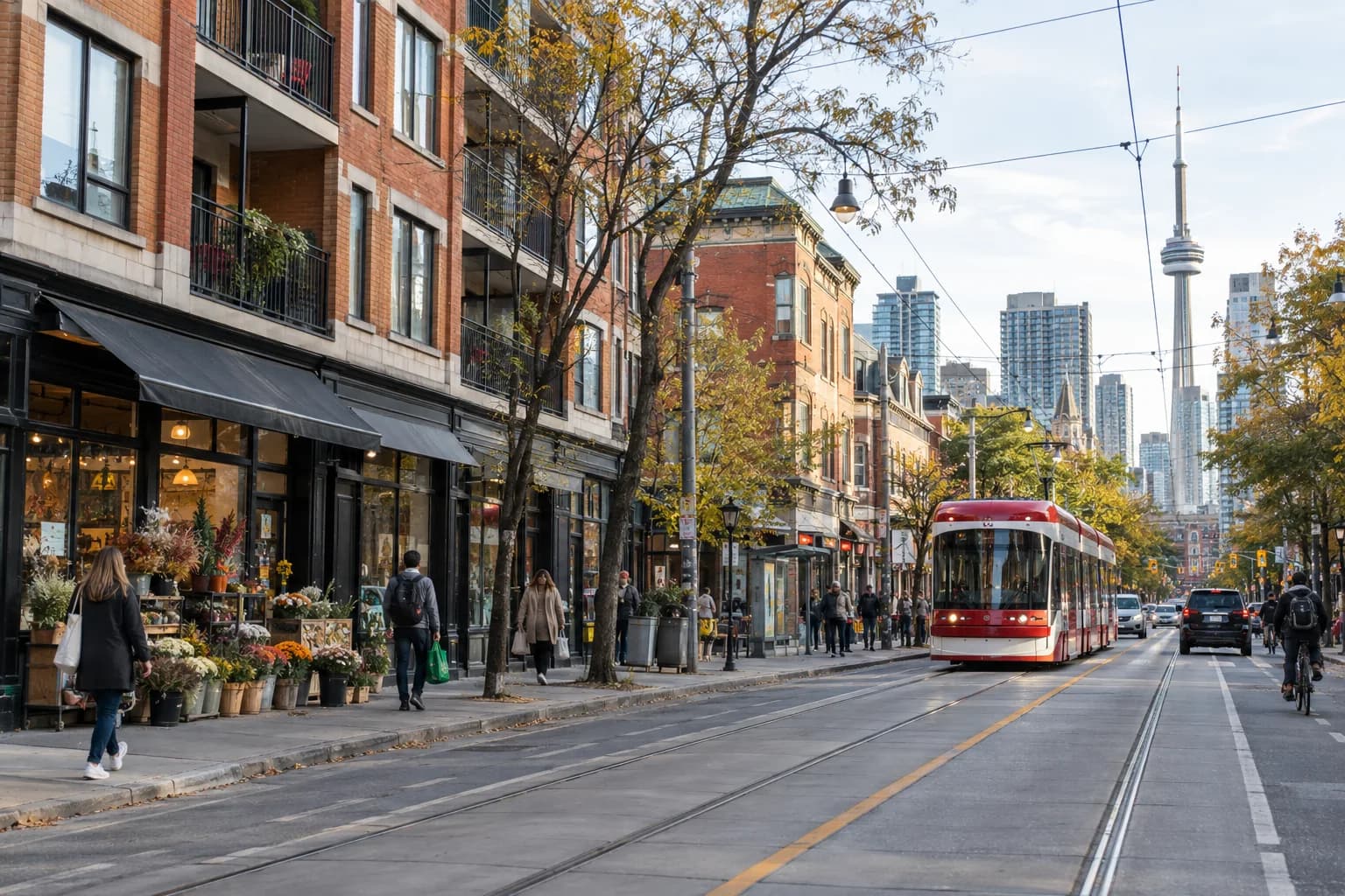 Brick rental apartments, local shops and a red streetcar on a Toronto-inspired street