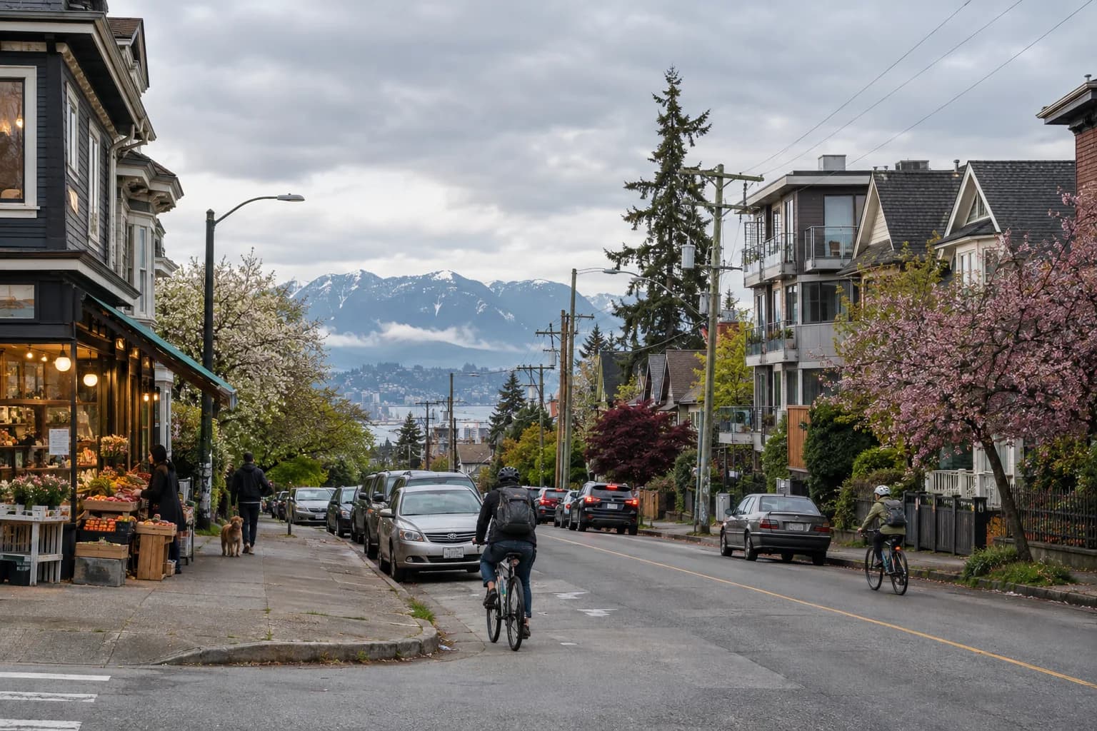 Wood-frame homes, apartments and a corner market with mountains beyond in a Vancouver-inspired neighbourhood