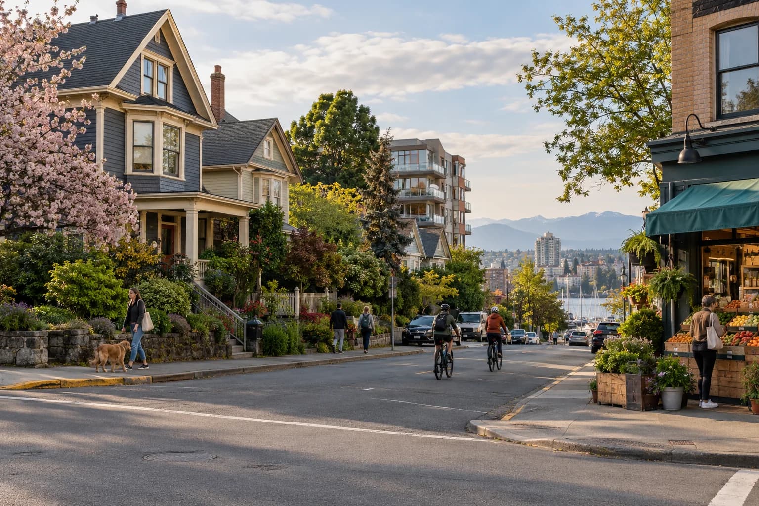 Edwardian homes, apartments, cyclists and a corner market in a Victoria-inspired neighbourhood