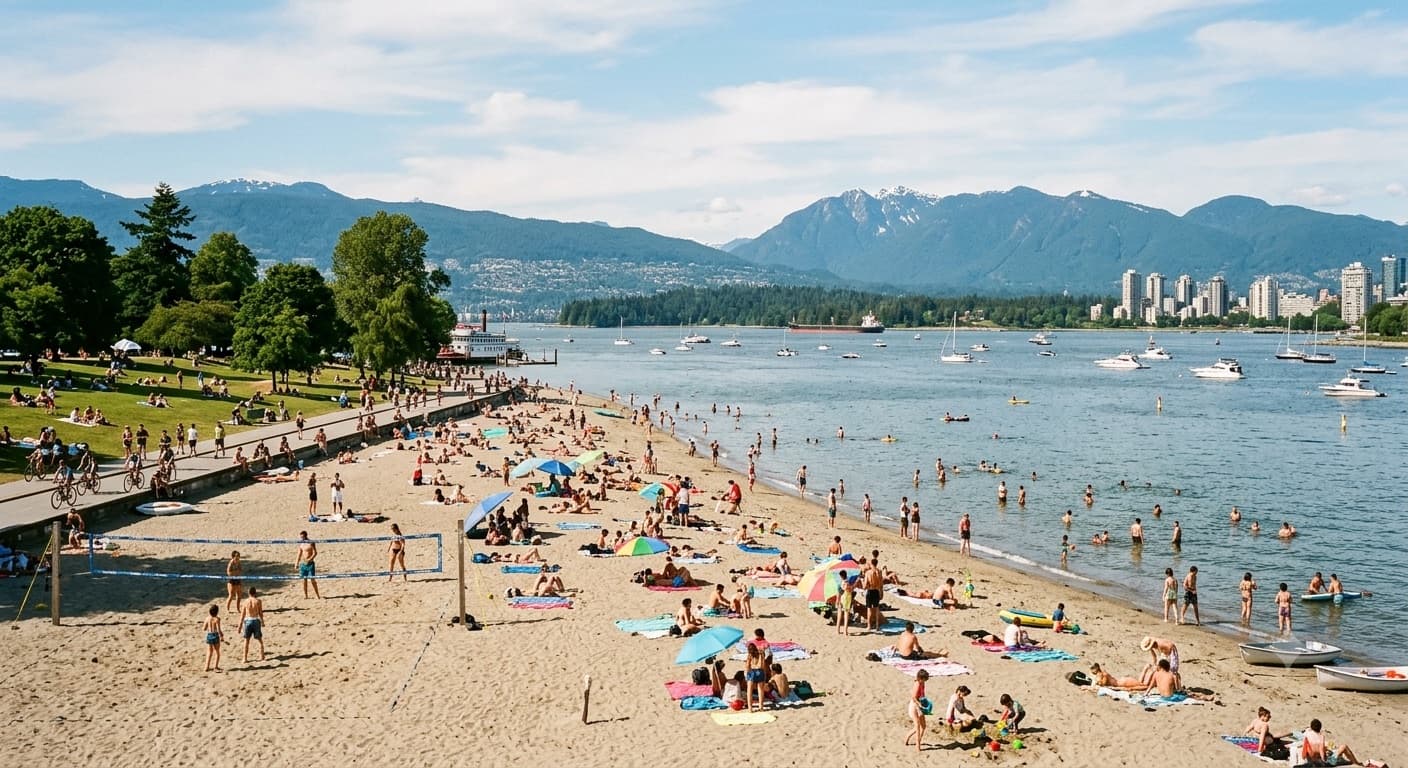 Summer crowds on Kitsilano Beach in Vancouver with sailboats on English Bay and the North Shore mountains behind