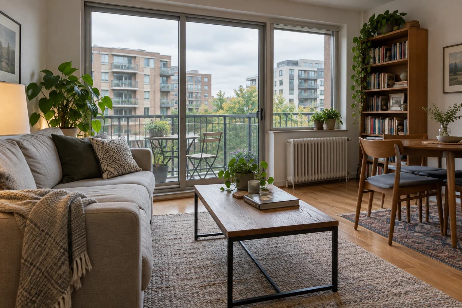 Modest apartment living room with a balcony overlooking residential buildings