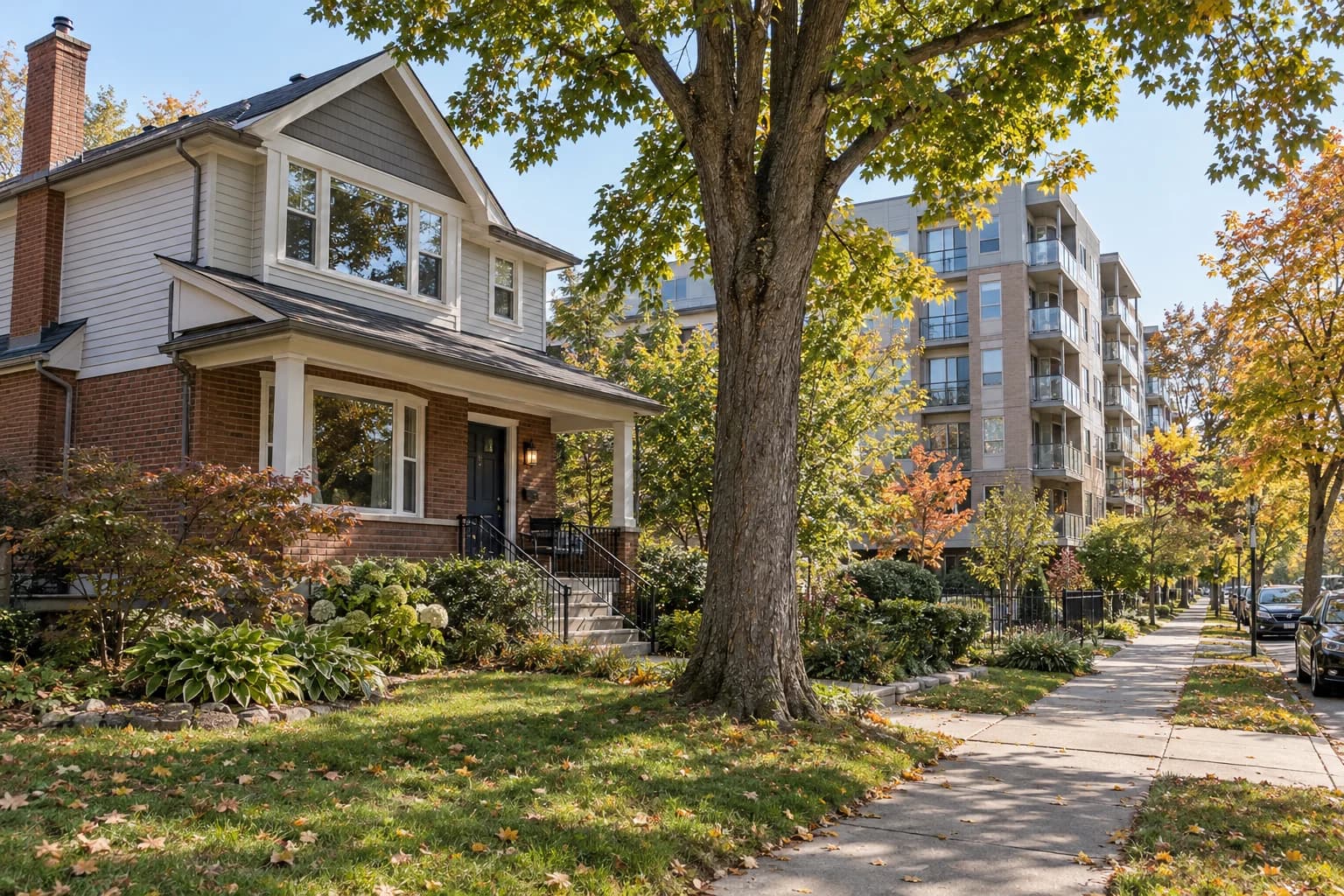 Detached house with a mid-rise condominium farther along the street