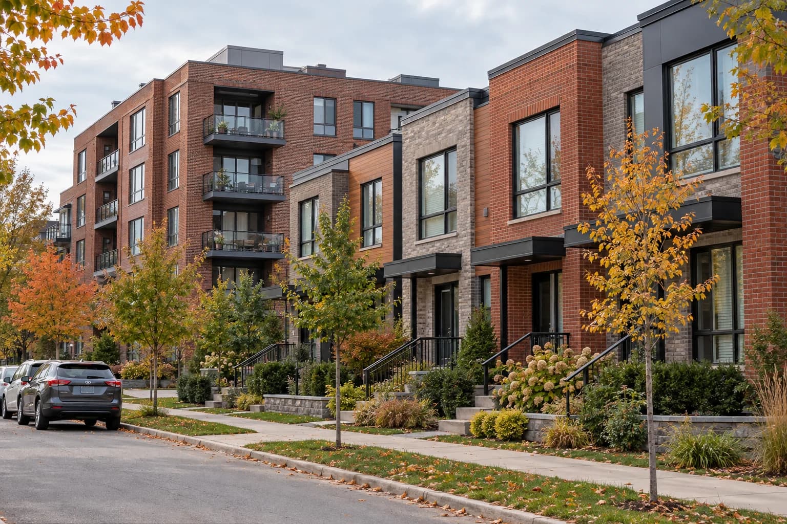 Apartment-style condominium and attached townhouses along a residential street