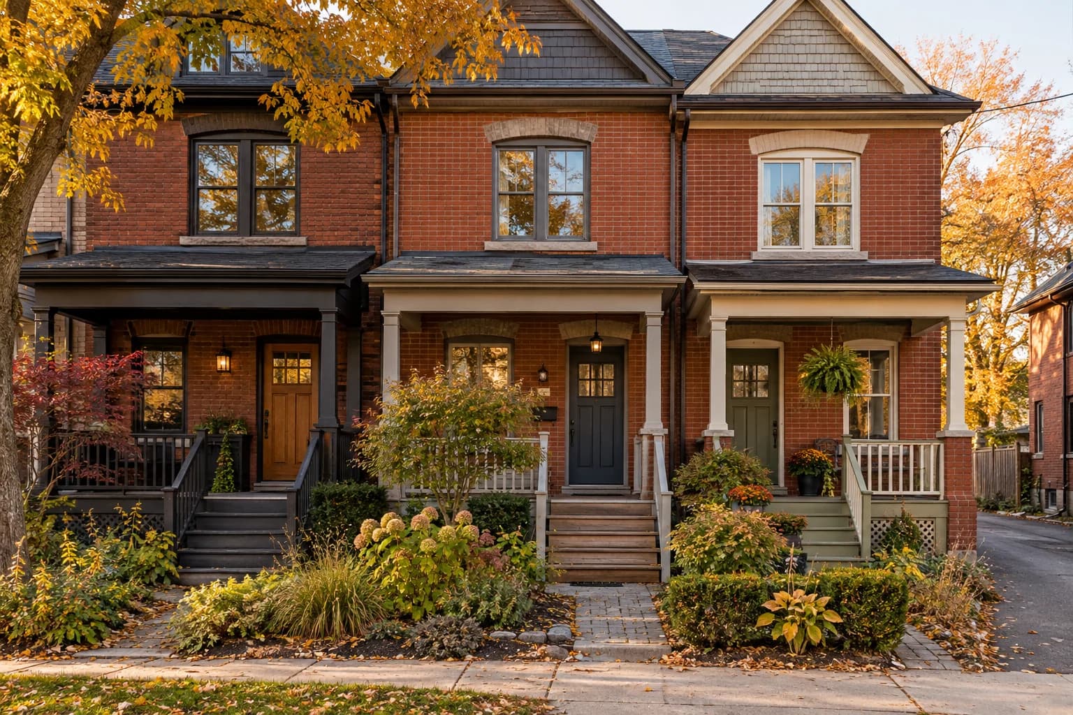 Red-brick townhouses with individual entrances and small front gardens