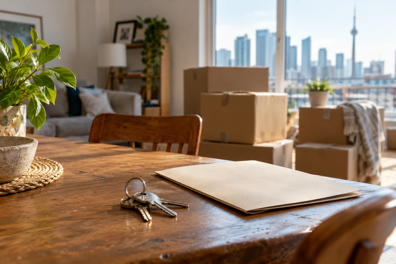 House keys and a folder on a wooden table with moving boxes in the background