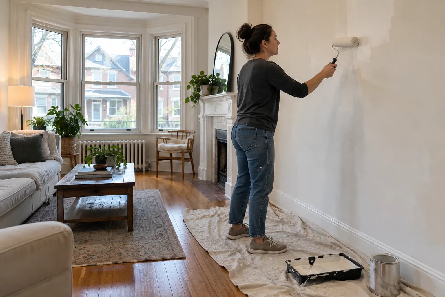 Homeowner painting a living room wall beside a bay window before listing