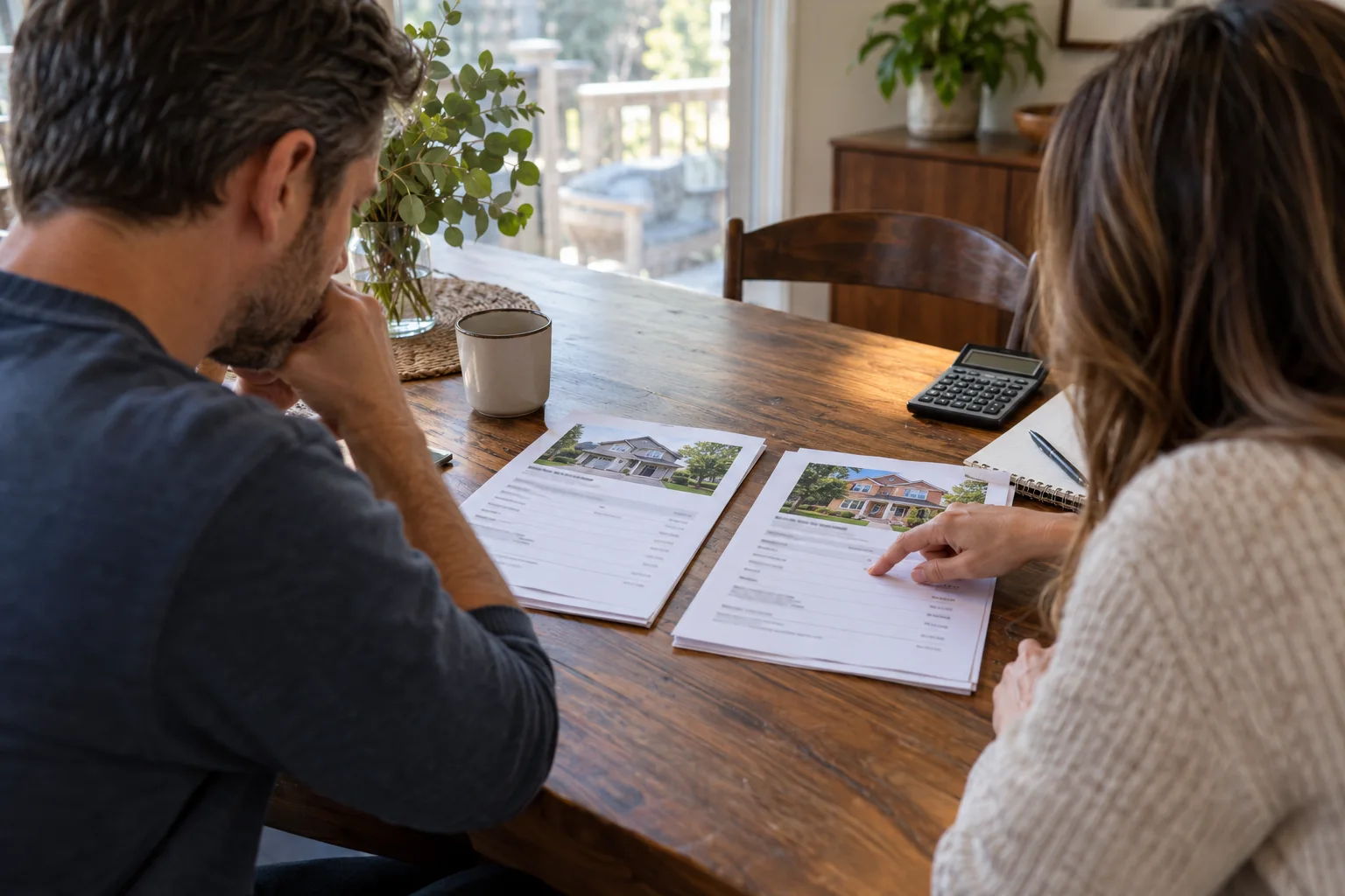 Two adults comparing printed property details with a calculator at a dining table