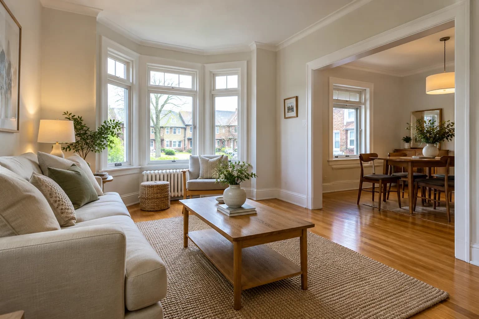 Furnished living room with neutral seating, large windows and clear walking paths