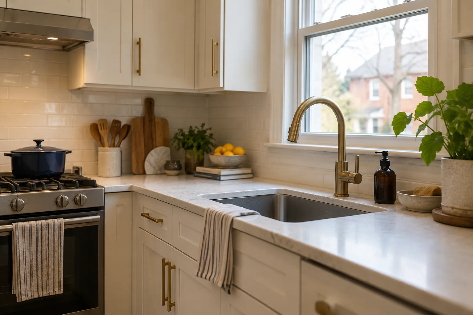 Refreshed kitchen with brass cabinet handles and a matching faucet beside a window