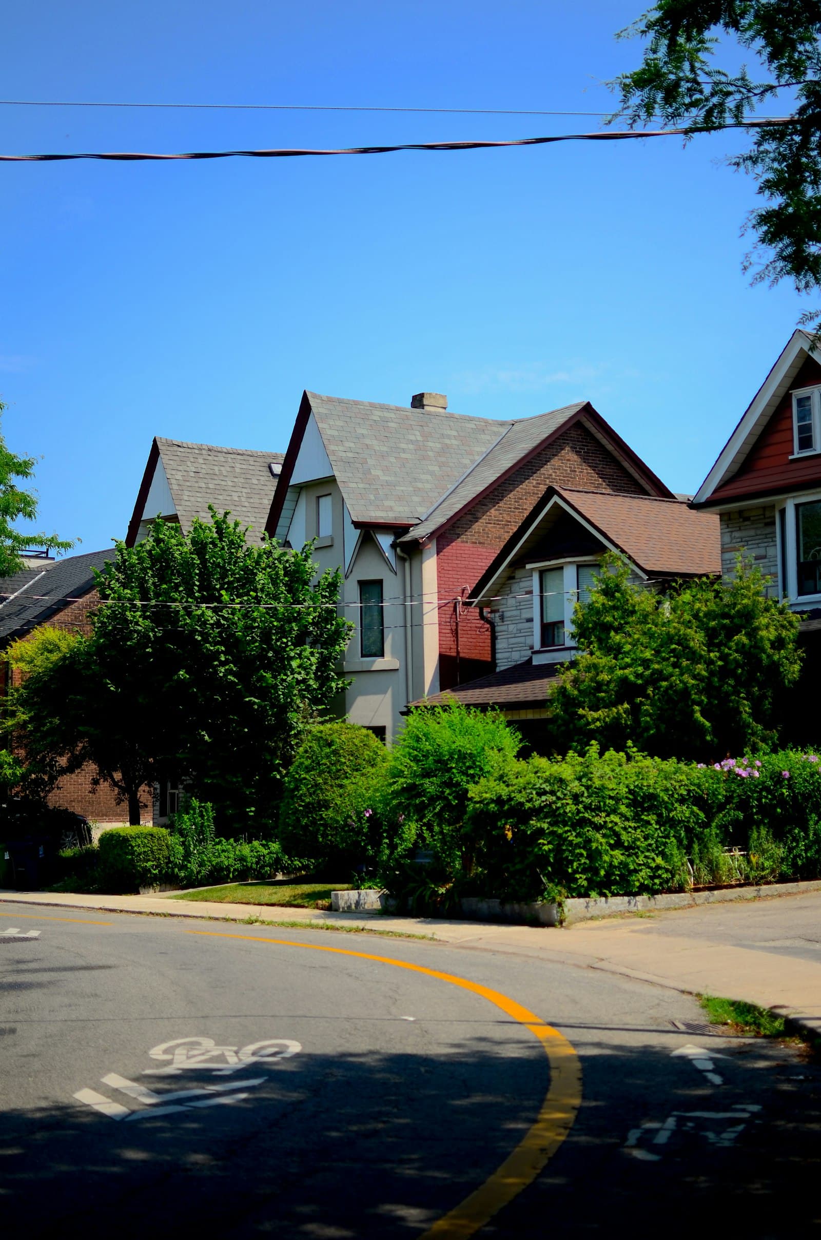 Gabled Toronto houses on a residential corner with a painted bike lane and summer trees