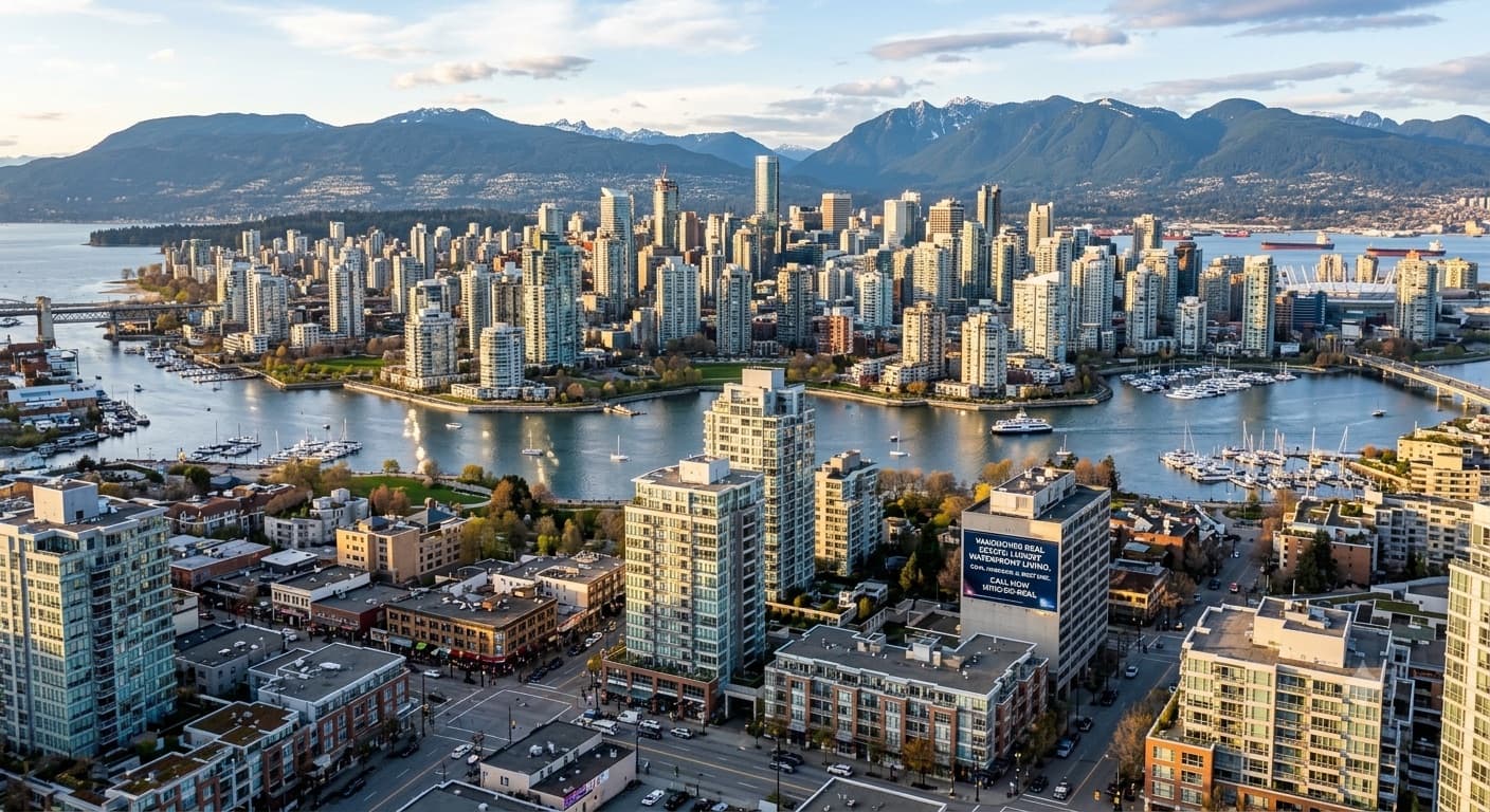 Aerial view of Vancouver condo towers around False Creek with the North Shore mountains behind