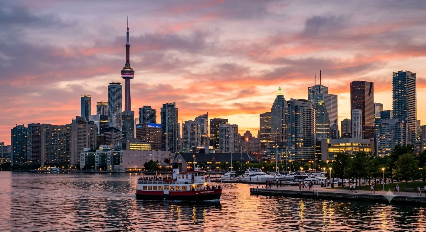 Toronto skyline and CN Tower at sunset seen from the harbourfront, with a ferry crossing the water