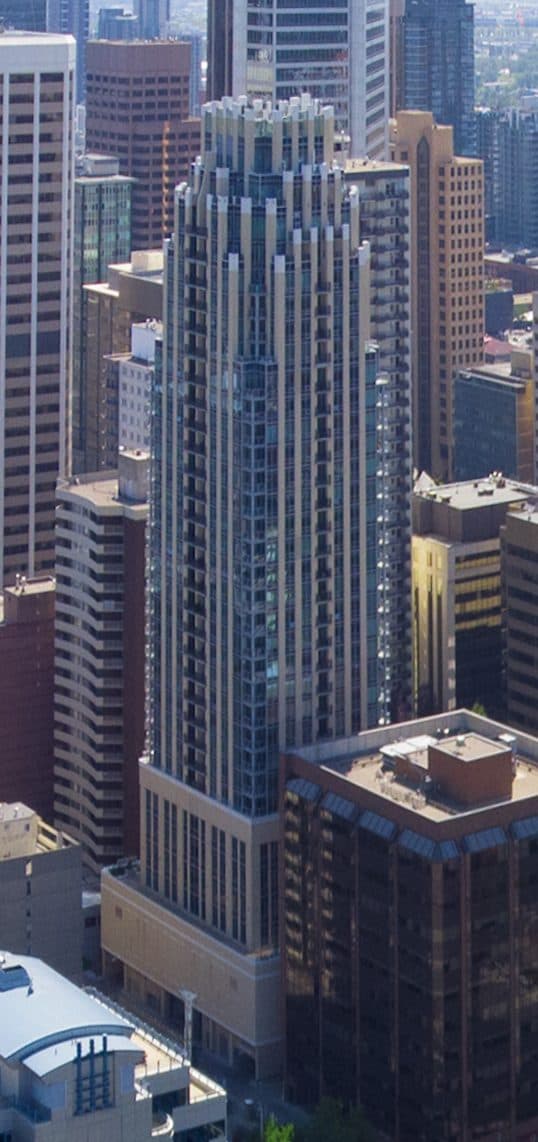 Aerial view of the Vogue condominium tower in downtown Calgary