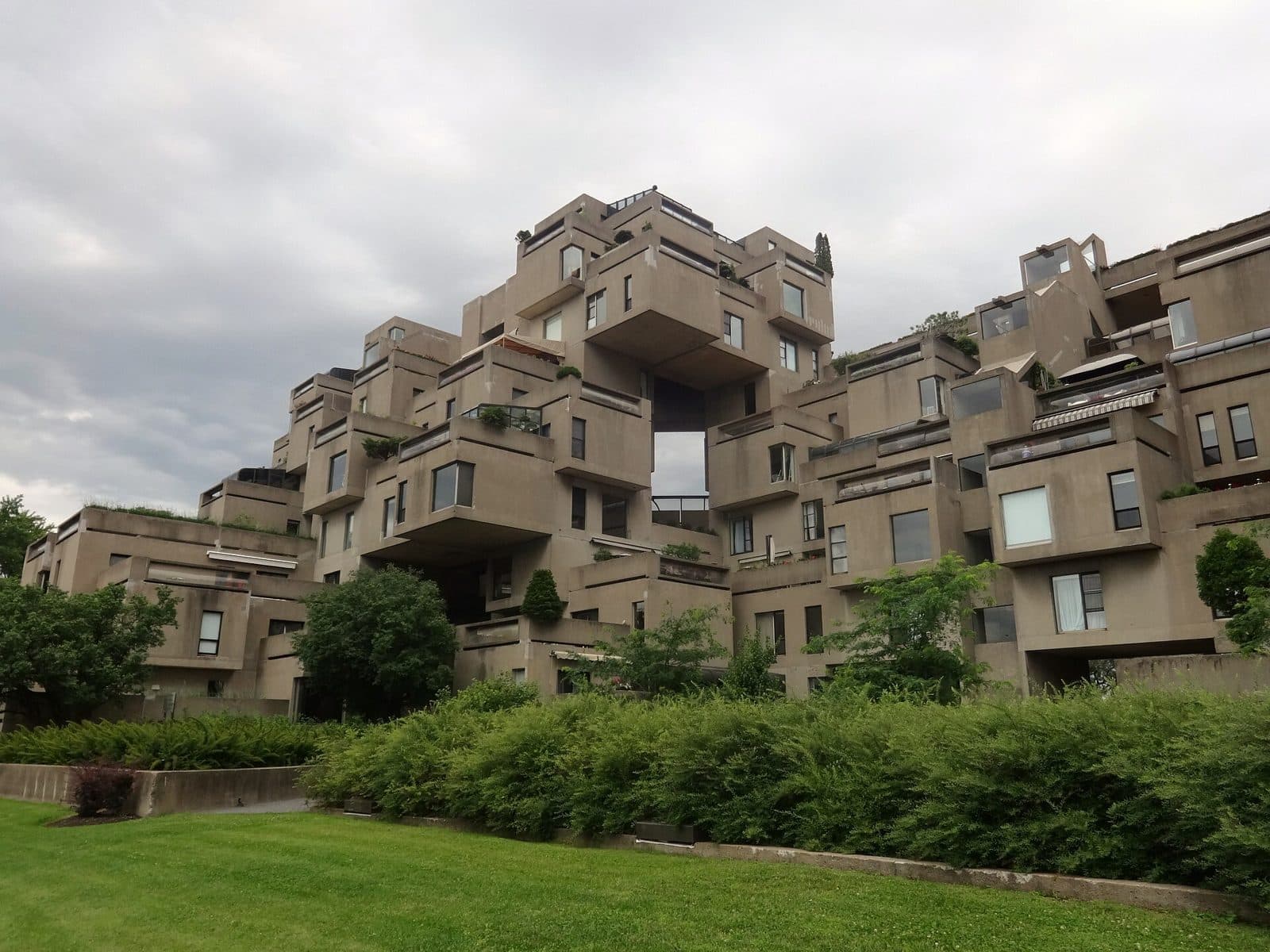 Habitat 67 seen from the lawn below the complex