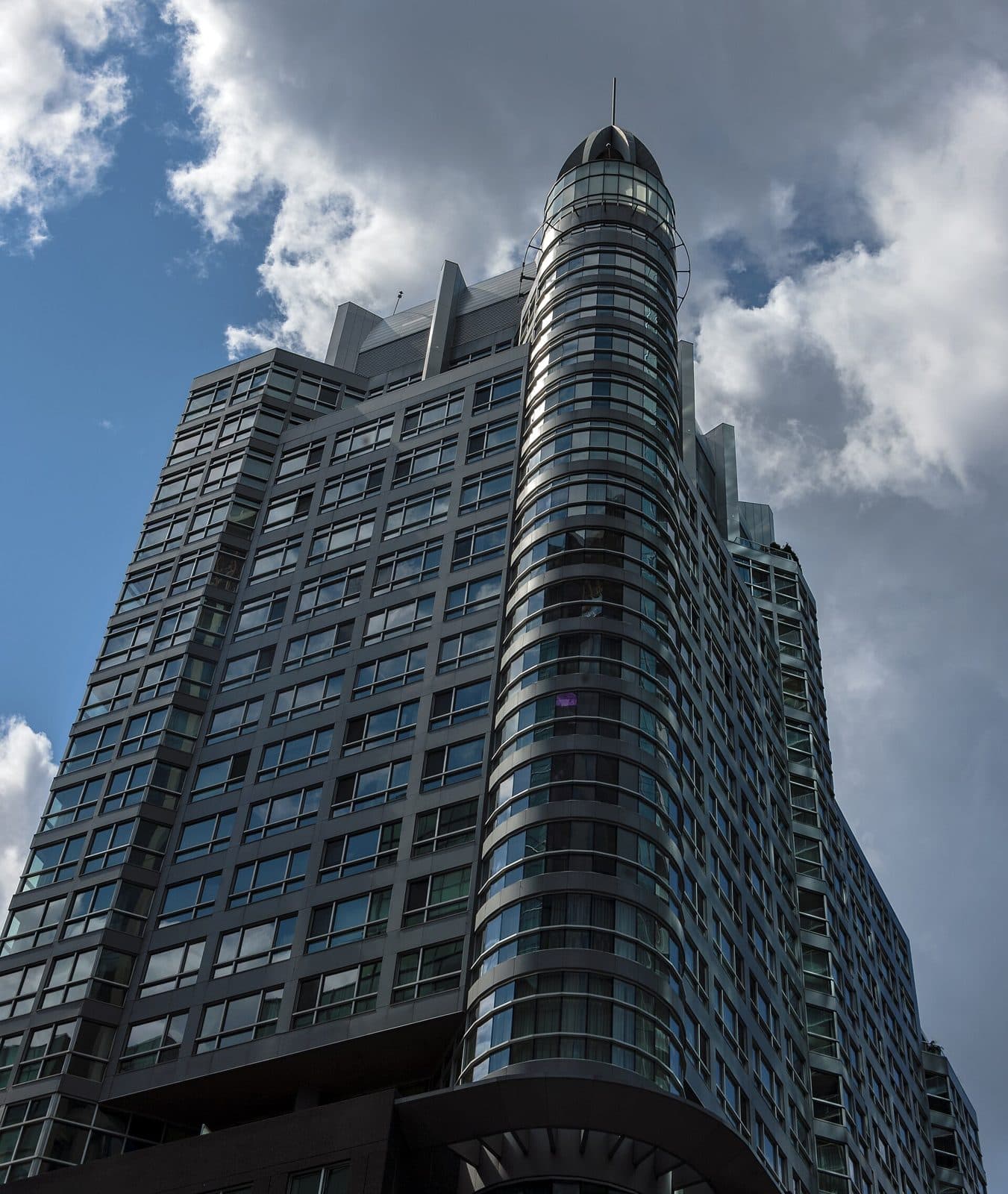 Looking up at Icône's east tower with its rounded glass corner