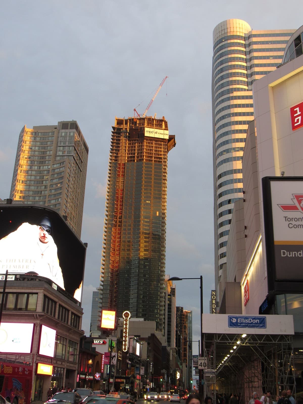 Massey Tower rising behind the historic bank facade on Yonge Street