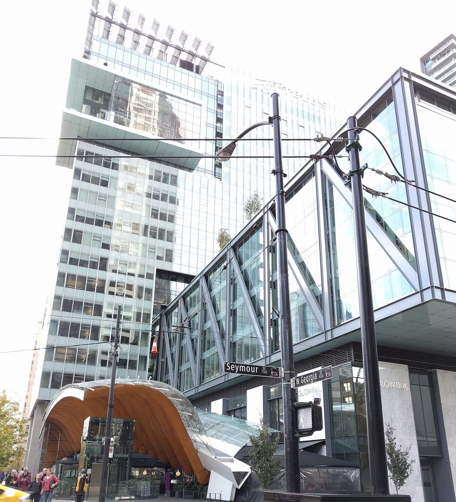 TELUS Garden's glass and timber canopy at Georgia and Seymour
