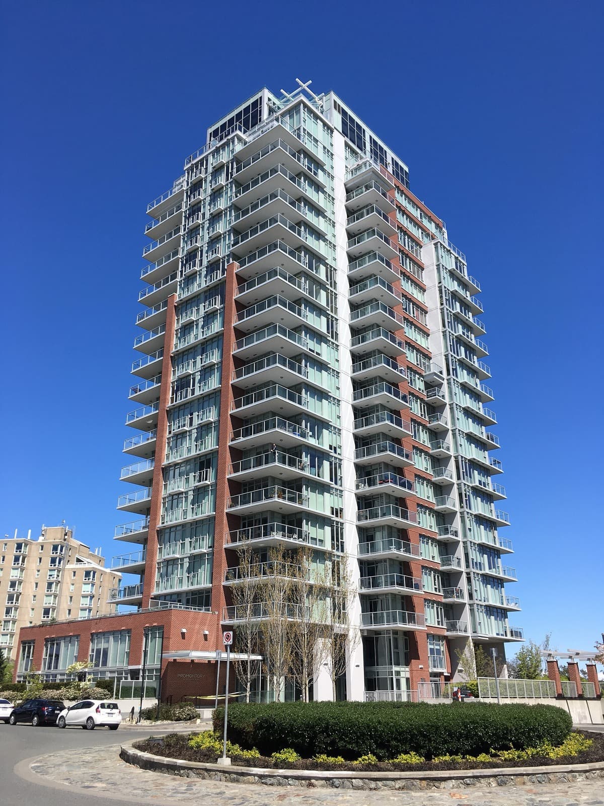 The 21-storey Promontory tower in Victoria West with its brick base and glass balconies